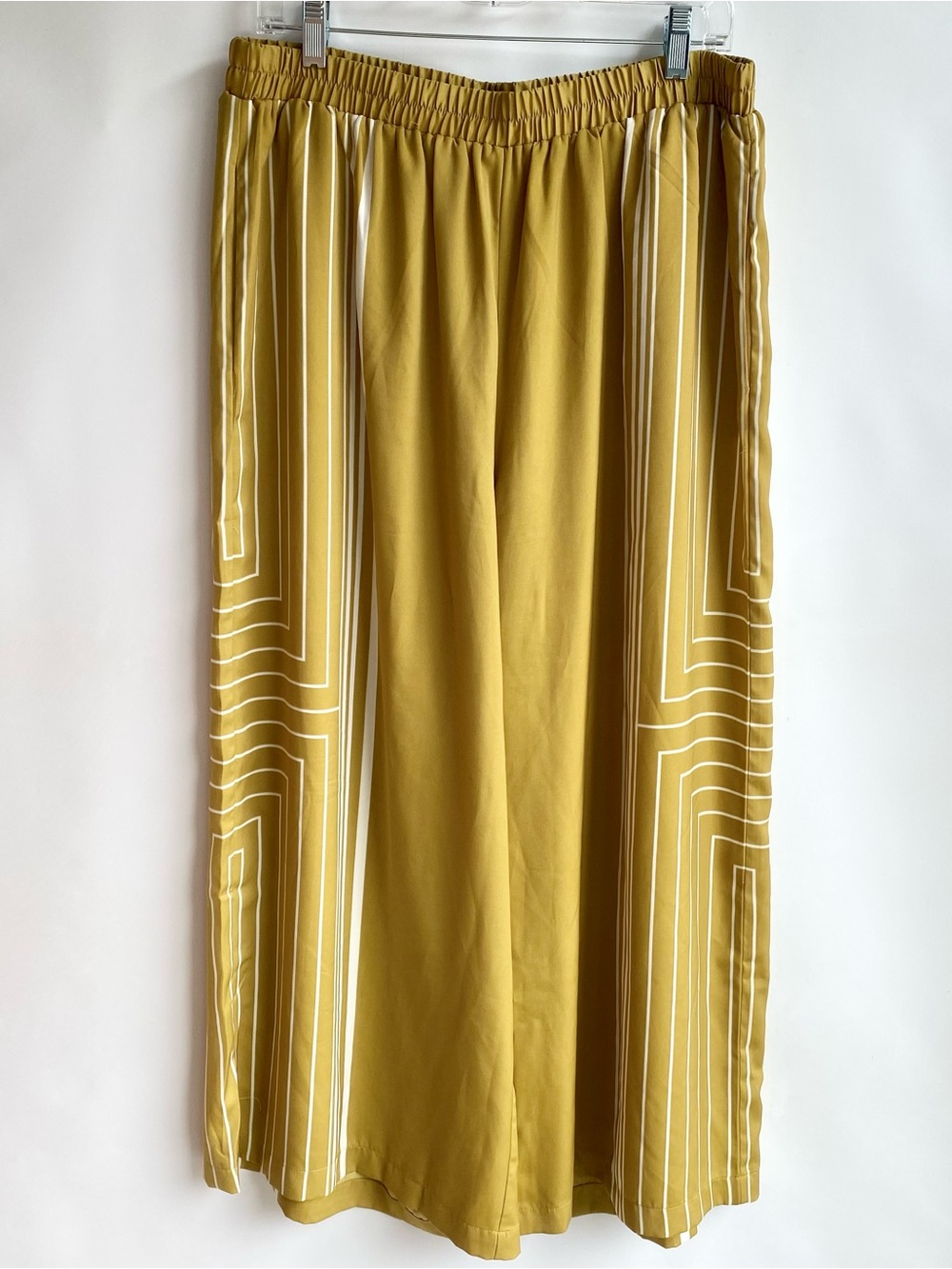 Modern Works silky chartreuse modern stripe print wide leg flowy summer pant 1X